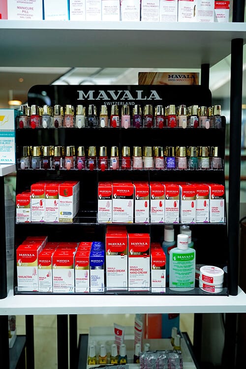 Close-up of the Mavala nail polish range and hand care products