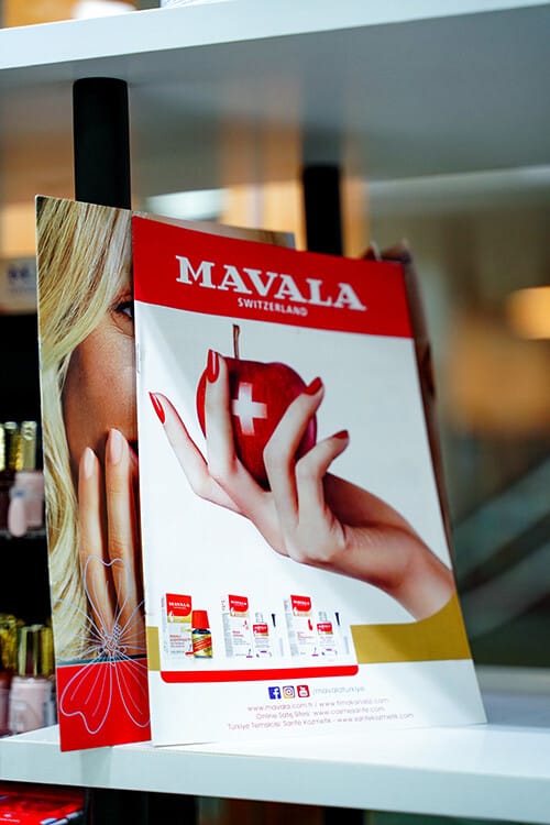 Mavala hand and nail care brochure displayed on the product shelf