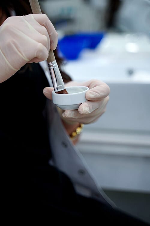 A gloved specialist loading the brush from a small bowl of colour mixture